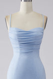 Light Blue Sparkly Mermaid Lace Up Back Long Prom Dress with Slit