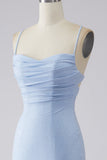 Light Blue Sparkly Mermaid Lace Up Back Long Prom Dress with Slit