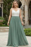 Eucalyptus A Line Chiffon Lace Plus Size Long Bridesmaid Dress