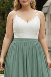 Eucalyptus A Line Chiffon Lace Plus Size Long Bridesmaid Dress