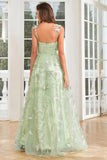 Green A Line Tulle Corset Prom Dress with 3D Butterflies