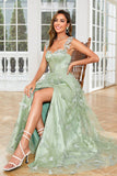Green A Line Tulle Corset Prom Dress with 3D Butterflies