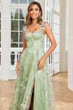 Green A Line Tulle Corset Prom Dress with 3D Butterflies