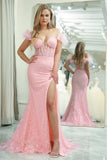 Pink Off the Shoulder Feathers Mermaid Prom Dress with Slit