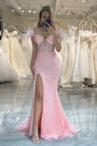 Pink Off the Shoulder Feathers Mermaid Prom Dress with Slit
