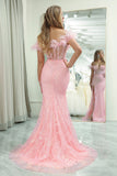 Pink Off the Shoulder Feathers Mermaid Prom Dress with Slit