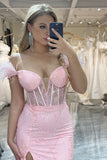 Pink Off the Shoulder Feathers Mermaid Prom Dress with Slit