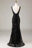 Sparkly Black Depp V-neck Mermaid Long Prom Dress with Feathers