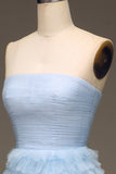 Light Blue A Line Tiered Strapless Tulle Prom Dress with Slit