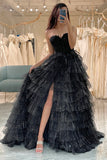 Black Sparkly Strapless Tiered Prom Dress with Slit