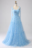 A-Line Spaghetti Straps Light Blue Long Prom Dress
