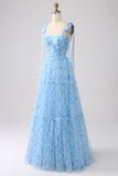 A-Line Spaghetti Straps Light Blue Long Prom Dress