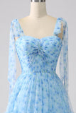 A-Line Spaghetti Straps Light Blue Long Prom Dress