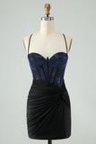 Glitter Bodycon Spaghetti Straps Corset Little Black Dress with Beading
