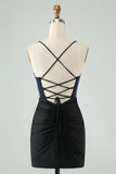 Glitter Bodycon Spaghetti Straps Corset Little Black Dress with Beading