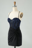 Glitter Bodycon Spaghetti Straps Corset Little Black Dress with Beading
