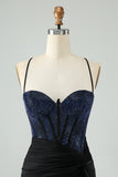 Glitter Bodycon Spaghetti Straps Corset Little Black Dress with Beading