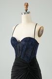 Glitter Bodycon Spaghetti Straps Corset Little Black Dress with Beading