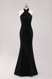 Black Mermaid Halter Open Back Floor Length Satin Bridesmaid Dress