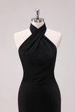 Black Mermaid Halter Open Back Floor Length Satin Bridesmaid Dress
