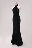 Black Mermaid Halter Open Back Floor Length Satin Bridesmaid Dress