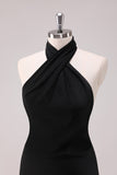 Black Mermaid Halter Open Back Floor Length Satin Bridesmaid Dress