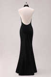 Black Mermaid Halter Open Back Floor Length Satin Bridesmaid Dress