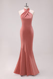 Black Mermaid Halter Open Back Floor Length Satin Bridesmaid Dress