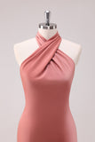 Black Mermaid Halter Open Back Floor Length Satin Bridesmaid Dress