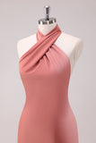 Black Mermaid Halter Open Back Floor Length Satin Bridesmaid Dress