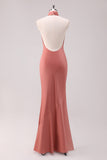 Black Mermaid Halter Open Back Floor Length Satin Bridesmaid Dress