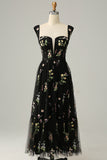 Black A Line Embroidered Sweetheart Tea Length Wedding Party Dress