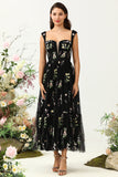 Black A Line Embroidered Sweetheart Tea Length Wedding Party Dress