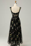 Black A Line Embroidered Sweetheart Tea Length Wedding Party Dress