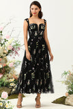 Black A Line Embroidered Sweetheart Tea Length Wedding Party Dress