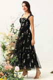Black A Line Embroidered Sweetheart Tea Length Wedding Party Dress