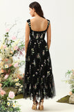 Black A Line Embroidered Sweetheart Tea Length Wedding Party Dress