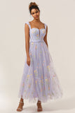 Lilac A Line Sweetheart Embroidered Tea Length Prom Dress