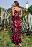 Sheath Spaghetti Straps Velvet Burnout Burgundy Bridesmaid Dress