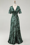 A-Line V Neck Dark Green Burnout Velvet Floor Length Dress with Short Sleeve