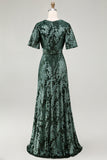 A-Line V Neck Dark Green Burnout Velvet Floor Length Dress with Short Sleeve