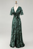 A-Line V Neck Dark Green Burnout Velvet Floor Length Dress with Short Sleeve