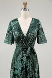 A-Line V Neck Dark Green Burnout Velvet Floor Length Dress with Short Sleeve