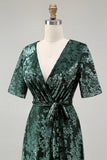 A-Line V Neck Dark Green Burnout Velvet Floor Length Dress with Short Sleeve