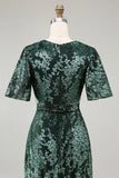 A-Line V Neck Dark Green Burnout Velvet Floor Length Dress with Short Sleeve