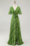 A-Line V Neck Dark Green Burnout Velvet Floor Length Dress with Short Sleeve