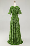 A-Line V Neck Dark Green Burnout Velvet Floor Length Dress with Short Sleeve