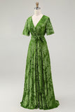 A-Line V Neck Dark Green Burnout Velvet Floor Length Dress with Short Sleeve