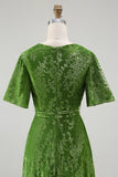A-Line V Neck Dark Green Burnout Velvet Floor Length Dress with Short Sleeve