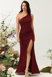 Burgundy Mermaid One Shoulder Ruched Long Bridesmaid Dress with Slit